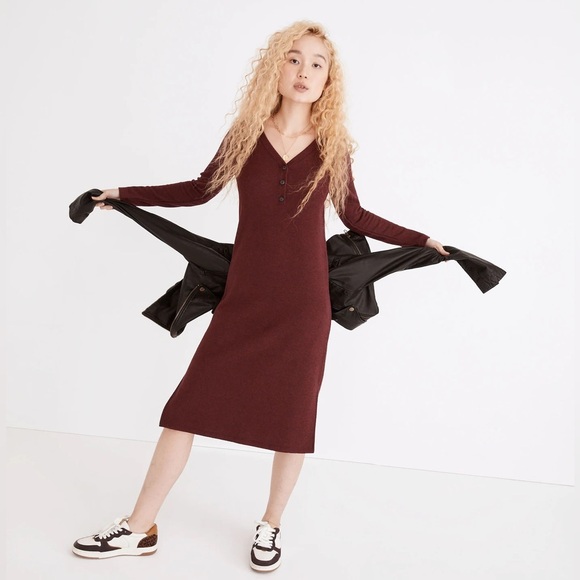 MADEWELL Long Sleeve Henley Midi Dress in Heather Rusted Red - Picture 2 of 10